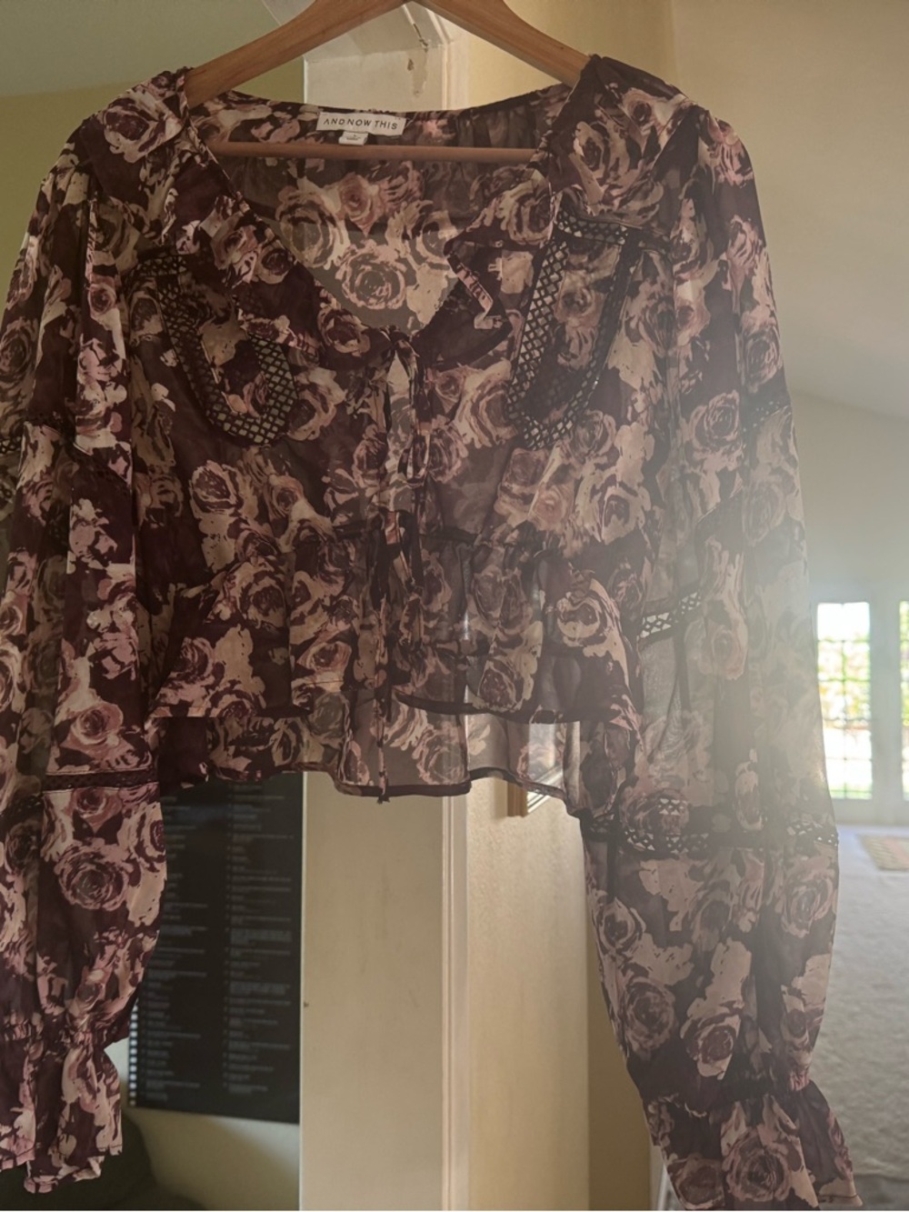 Floral Ruffle Sheer Blouse - Purple, Rose, and White.